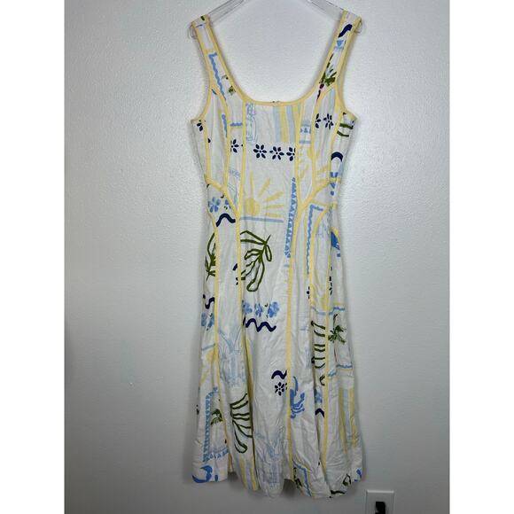 Caroline Constas Palm Tree Print A Line Linen Blend Midi Dress White S Coastal - Picture 3 of 9